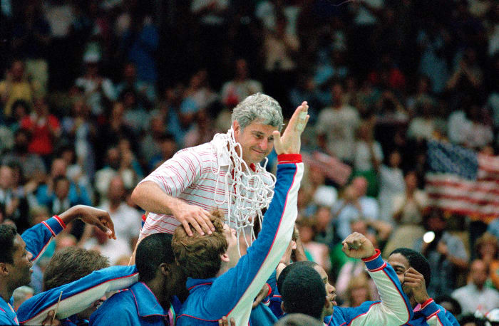 Smith and Knight cut plenty of nets in their careers, such as at the 1979 ACC tournament (top) and’84 Olympics.